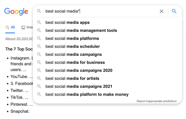 mejores redes sociales * búsqueda de google con comodín