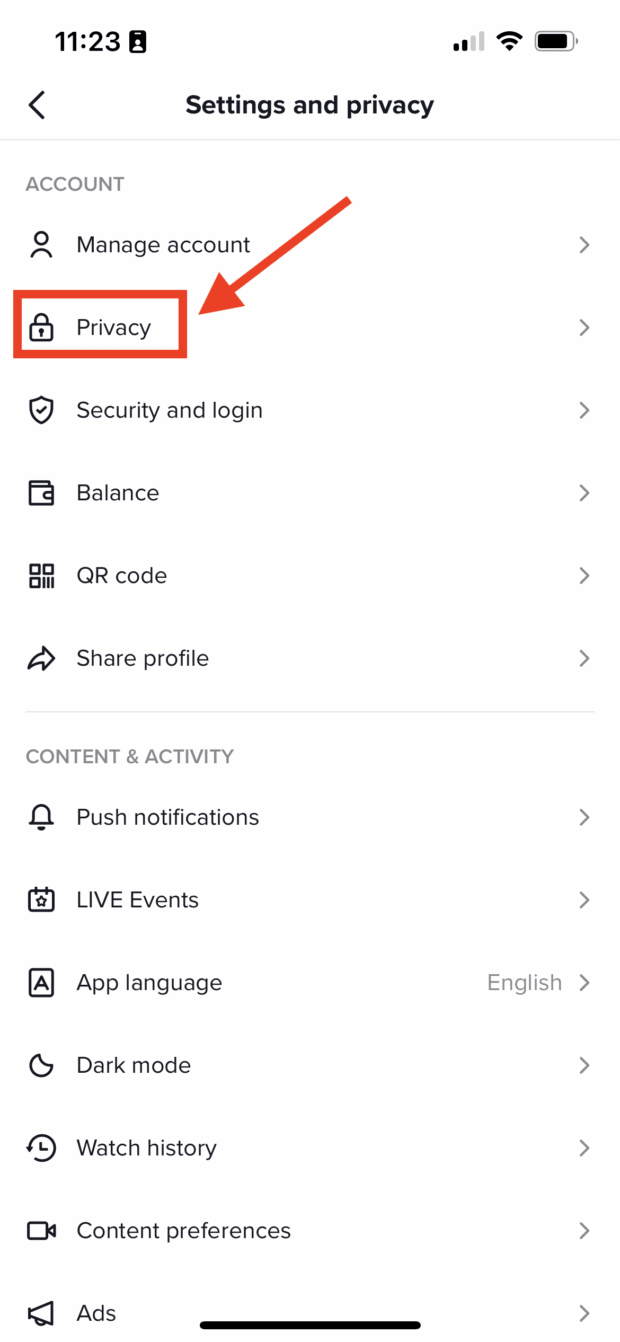 configuración de privacidad del perfil de tiktok
