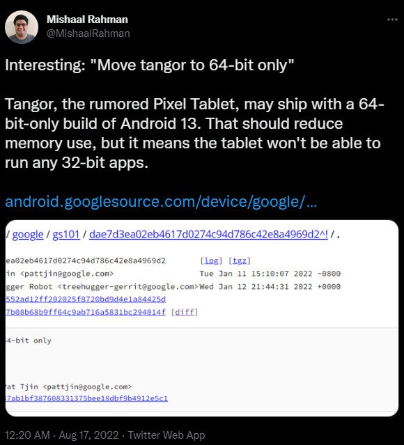 Mishaal Rahman Pixel Tablet solo de 64 bits