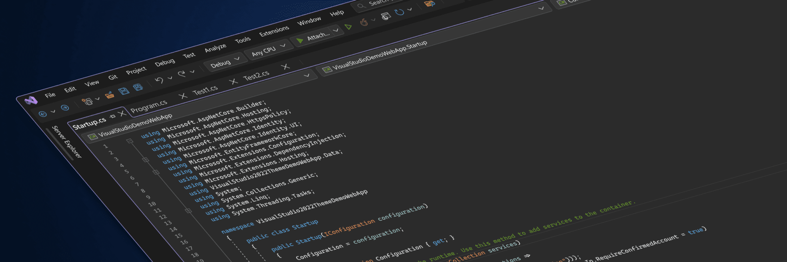 Una captura de pantalla estilizada que muestra la nueva interfaz de usuario de Visual Studio en un tema oscuro